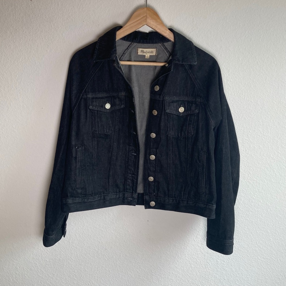 Madewell Denim Jacket Womens S Black Raglan Jean Pocket Boxy Crop Cotton Trucker